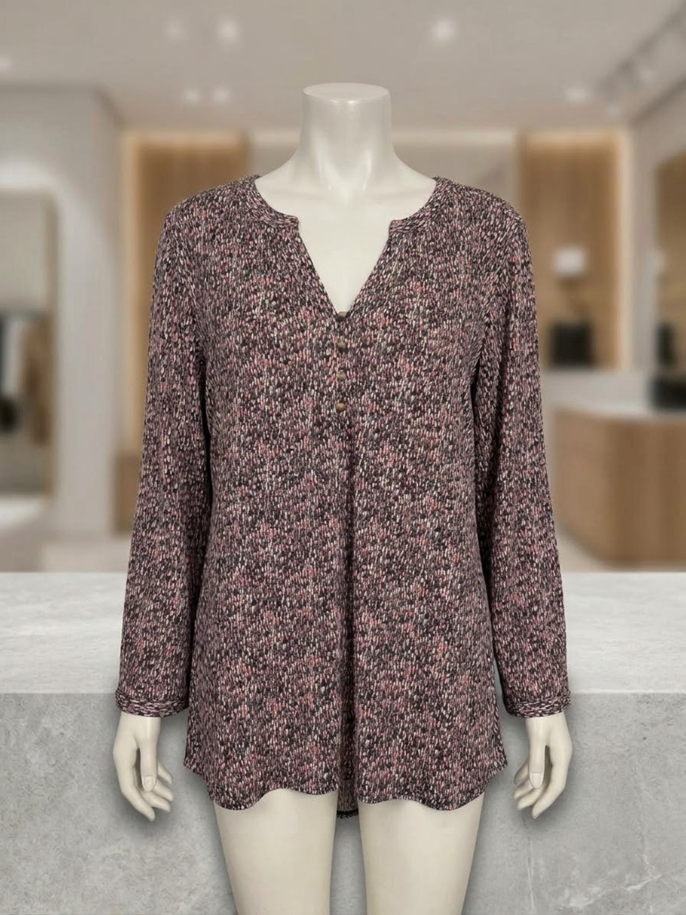 Dana Buchman Pink & Black Speckled Knit V-Neck Henley Top